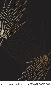 Vertical banner, poster with golden silhouette palm branches on the black background. Design tropical background. Minimalist floral vector illustration.