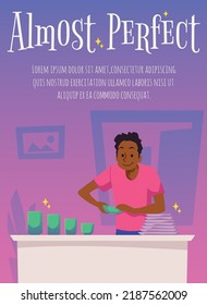 Vertical banner or poster with man with clean shiny dishes flat style, vector illustration, gradient background. Almost perfect text. Perfectionism concept