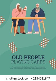 Vertical banner or poster template about old people playing cards flat style, vector illustration. Elderly man and woman sitting ant the table with cards in hand, place for text