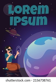 Banner vertical o plantilla de afiche sobre el estilo de viaje plano de realidad virtual, ilustración vectorial. Mujer joven con gafas VR sentada de rodillas y explora el espacio, planetas y estrellas, lugar de texto