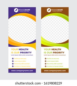 Vertical banner roll up template design, for brochure, business, flyer. modern x-banner and flag-banner advertising. curve space for photo vector illustration. combination white background other color