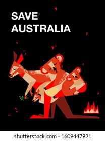 Vertical banner saying "Save Australia”. Vector illustration of natural disaster. Sad animals in forest fire: cute koalas mom and baby, kangaroo with baby. 