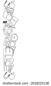  Vertical  banner of school supplies. Doodle objects calculator, globe, rulers, notebooks, textbooks, magnifying glass, test tubes, eraser, compasses. Panorama. Template for the cover. isolated.