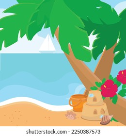 Vertical banner sea tropical coast with palm trees, seashells and hibiscus flowers. Cartoon illustration for design.