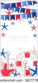 Vertical banner with seashells, starfishes, life buoy, anchors and flags. Retro vector illustration. Place for your text. Design for invitation, card, poster, flyer, gift certificate