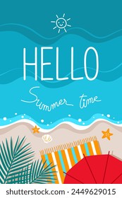 Vertical banner of seashore with beach mat, beach umbrella, coconut leaves, starfish and shells on the beach for artwork design about summer concept.