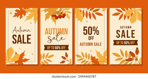 Vertical banner set for autumn sale with fall leaves. Vector illustration templates ideal for seasonal discounts in stores. Perfect for promoting fall sales and special offers