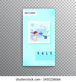 Vertical banner set- back to school and sale, flat style with geometric figures and characters.