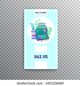 Vertical banner set- back to school and sale, flat style with geometric figures and characters.