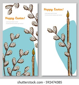 Vertical banner set. Candle and willow branches on sky blue. Simple elegant style. Card template with place for text message. Happy Easter concept. Perfect for religious holidays. Vector illustration 
