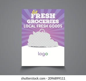 Banner vertical para supermercados y supermercados con publicidad de venta, cesta de bolsas de compras para productos de alimentación, comida fresca en gráficos lineales con descuento porcentual (ilustración de vector colorida)