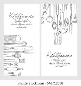 Vertical banner set. Hand drawn sketch with kitchen tools. Background template for design. Vintage vector illustration. 