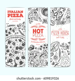 Vertical banner set with pizza and product for cooking pizza. Italian food menu design template. Vintage hand drawn sketch vector illustration. Engraved style