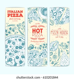 Vertical banner set with pizza and product for cooking pizza. Italian food menu design template. Vintage hand drawn sketch vector illustration. Engraved style