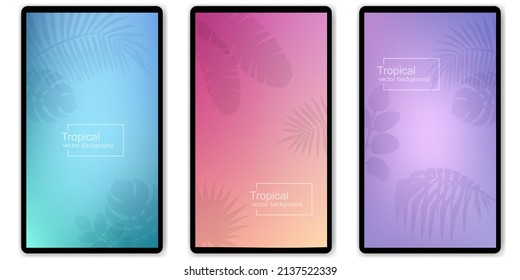 Vertical banner set with tropical leaves shadow on twilight blue, sunset pink and very peri purple background. Realistic overlay transparent palm leaves. Vector mock up for summer stories design.