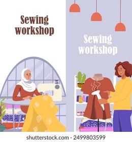 Vertical banner sewing workshop, custom tailoring, small business. Hand drawn.