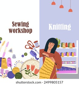 Vertical banner of sewing workshop, custom tailoring, small business, knitting. Hand drawn.