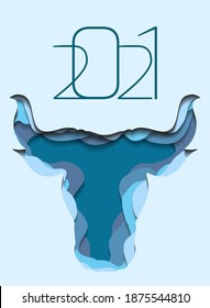 Vertical banner with silhouette of a bull head with paper cut layers. The symbol of the new year 2021. Buffalo with horns. Vector template of animal head for invitation, card and your designs