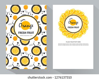 Vertical banner with sliced orange pieces, leaves. Template for design  juice, lemonade, cosmetic, natural medicine, herbal tea, food menu. Vector illustration.