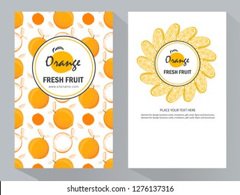 Vertical banner with sliced orange pieces, leaves. Template for design  juice, lemonade, cosmetic, natural medicine, herbal tea, food menu. Vector illustration.
