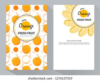 Vertical banner with sliced orange pieces, leaves. Template for design  juice, lemonade, cosmetic, natural medicine, herbal tea, food menu. Vector illustration.