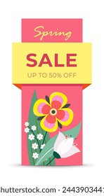 Vertical banner of spring discounts in the store for business on a pink background with a yellow flag and text with beautiful flowers. Flat style. Vector illustration.