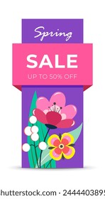 Vertical banner of spring discounts in the store for business on a purple background with a pink flag and text with beautiful flowers. Flat style. Vector illustration.