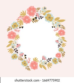 Vertical banner with spring flowers, herbs, leaves isolated on light pink background. Spring background in cartoon hand drawn style. Minimalistic wreath in bloom. Perfect for textile, fabric, postcard