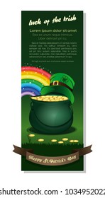 Vertical banner for St. Patrick's Day with leprechaun hat, rainbow and a pot of gold. Green background for St. Patricks Day. Vector illustration