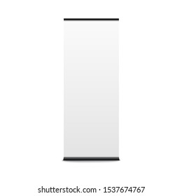 Vertical banner stand for promotion or product display. Empty white pop up stand for commercial presentation, realistic roll up board mockup isolated on white background, vector illustration