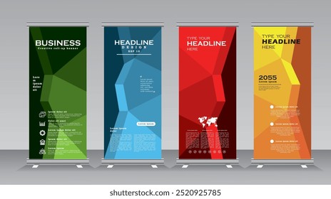 Vertical banner stand template design. vector abstract geometric shape background for roll up banner, modern x-banner, standee, stand baner with green, blue, red,and orange print ready colour, vector