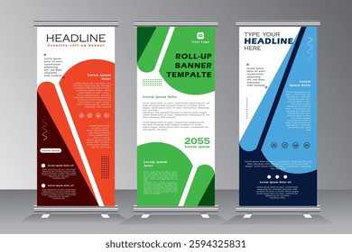 Vertical banner stand template design. vector abstract geometric shape background for roll up banner, modern x-banner, standee, stand baner with green, blue, and orange print ready colour, vector