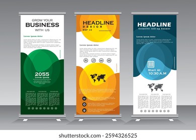 Vertical banner stand template design. vector abstract geometric shape background for roll up banner, modern x-banner, standee, stand baner with green, blue, and orange print ready colour, vector