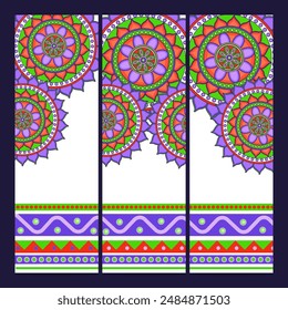 Anuncio de Vertical o Standee poster conjunto de diseño con hermoso patrón de Mandala y Espacio para texto.