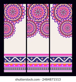 Anuncio de Vertical o Standee poster conjunto de diseño con hermoso patrón de Mandala y Espacio para texto. 