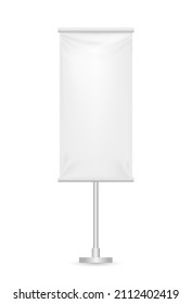 Vertical banner standing on steel pole. Mockup for advertising, exhibitions, branding, promo. Vector realistic. Empty template with folds. Textile, PVC, Vinyl, Nylon. EPS 10.