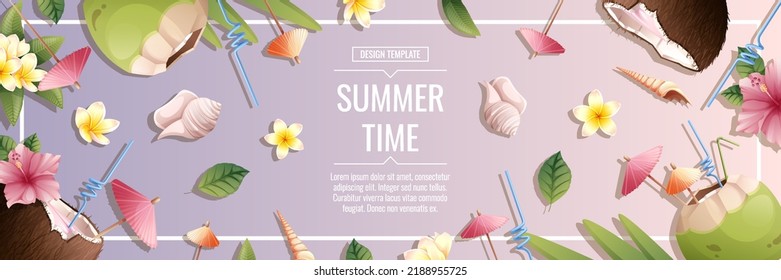 Vertical banner with summer coconut cocktails on a lilac background. Beach background with tropical flowers, fruits, seashells.