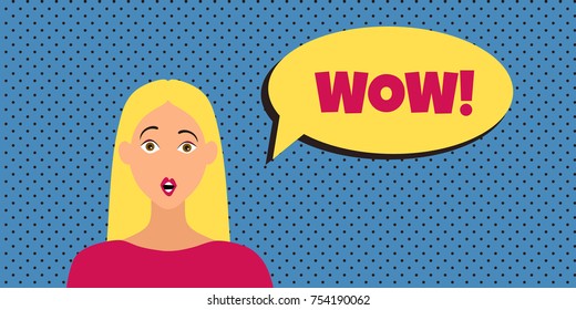 a vertical banner  with a surprised blond girl and a speech bubble with a wow expression; dotted background; a vector illustration