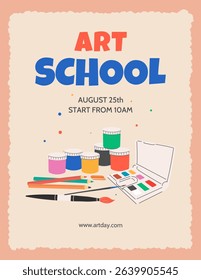 Vertical banner template, cover for art schools, studios, drawing courses, and workshops. Art supplies for creativity: pencils, paints, brushes, watercolors. Flat vector illustration.