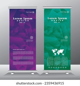 diseño vertical de plantillas de banner, para folletos, negocios, banner de stand. moderno x-banner y estándar para la publicidad, enrollar banner, levantar banner con color verde y morado