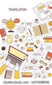 Vertical banner template with hands of translators typing on laptop and making writing notes. Translation of foreign languages, international communication. Vector illustration in linear style.