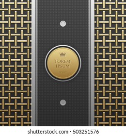 Vertical banner template on golden metallic background with seamless geometric pattern. Elegant luxury style.