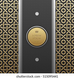 Vertical banner template on golden metallic background with seamless geometric pattern. Elegant luxury style.