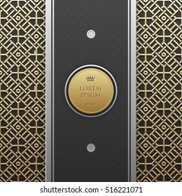 Vertical banner template on golden metallic background with seamless geometric pattern. Elegant luxury style.