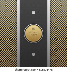 Vertical banner template on golden metallic background with seamless geometric pattern. Elegant luxury style.