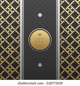 Vertical banner template on golden metallic background with seamless geometric pattern. Elegant luxury style.