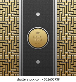 Vertical banner template on golden metallic background with seamless geometric pattern. Elegant luxury style.