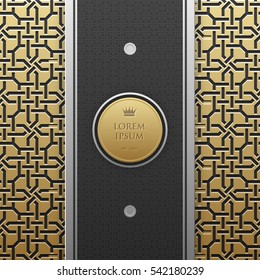 Vertical banner template on golden metallic background with seamless geometric pattern. Elegant luxury style.