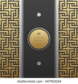 Vertical banner template on golden metallic background with seamless geometric pattern. Elegant luxury style.