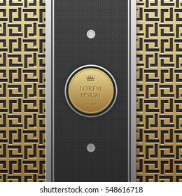 Vertical banner template on golden metallic background with seamless geometric pattern. Elegant luxury style.
